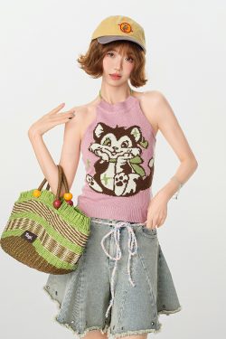 Pink Knitted Backless Halter Top for Women - American Retro Summer Style, Slim-Fit, Girly Y2K Fashion Top