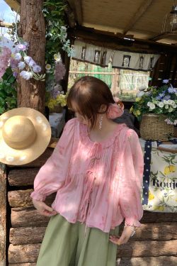 Pink Lily of the Valley Floral Doll Collar Long Sleeve Shirt for Women, Loose Thin Top for Spring and Autumn, Vintage Style