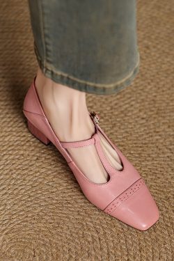 Pink Mary Jane Slip-On Shoes for Women - French Square-Toe Mid-Heel - Chic Italian Style