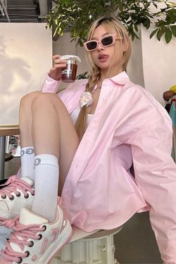 Pink Oversized Long-Sleeve Shirt Jacket for Women - Vintage Casual Sun-Protective Top for Spring, Korean Style