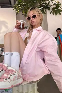 Pink Oversized Long-Sleeve Shirt Jacket for Women - Vintage Casual Sun-Protective Top for Spring, Korean Style