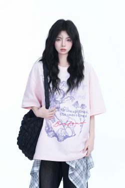 Pink Oversized Short-Sleeve T-Shirt for Women - American Dark Style, Summer Casual, Loose Fit with 