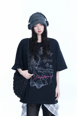 Pink Oversized Short-Sleeve T-Shirt for Women - American Dark Style, Summer Casual, Loose Fit with "Sit and Eat Until the Mountains Are Empty" Print