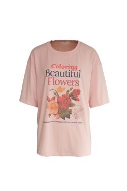 Pink Retro Floral Print Short Sleeve T-Shirt for Women - Summer Loose Fit Round Neck Top - Vintage 90s Style