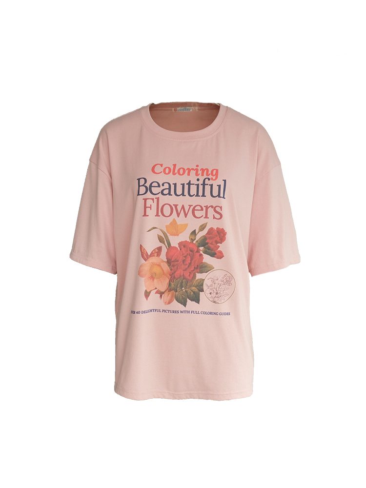 Pink Retro Floral Print Short Sleeve T-Shirt for Women - Summer Loose Fit Round Neck Top - Vintage 90s Style Pink Retro Floral Print Short Sleeve T-Shirt for Women - Summer Loose Fit Round Neck Top - Vintage 90s Style