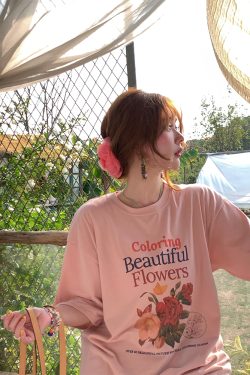 Pink Retro Floral Print Short Sleeve T-Shirt for Women - Summer Loose Fit Round Neck Top - Vintage 90s Style