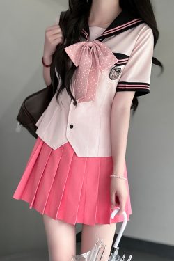 Pink Sailor Suit Women's JK Uniform with Navy Collar - Summer College Style Pudding Bear Inspired 2025 Fashion