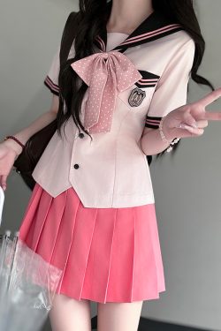 Pink Sailor Suit Women's JK Uniform with Navy Collar - Summer College Style Pudding Bear Inspired 2025 Fashion