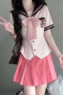 Pink Sailor Suit Women's JK Uniform with Navy Collar - Summer College Style Pudding Bear Inspired 2025 Fashion