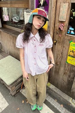 Pink Striped Short Sleeve Blouse for Women - Summer Puff Sleeve Jacket, Loose Slimming Top, Trendy Miu Style