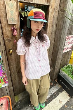 Pink Striped Short Sleeve Blouse for Women - Summer Puff Sleeve Jacket, Loose Slimming Top, Trendy Miu Style