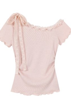 Pink Sweet and Spicy Lace Strap Short Sleeve T-Shirt for Women with Ruffled Edges - Summer Fashion Essential