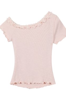 Pink Sweet and Spicy Lace Strap Short Sleeve T-Shirt for Women with Ruffled Edges - Summer Fashion Essential