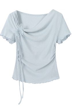 Pink Sweet Women's Off-Shoulder Short Sleeve T-Shirt with Irregular Ruffle Edge and Butterfly Decor, 2025 Summer Fashion Trend