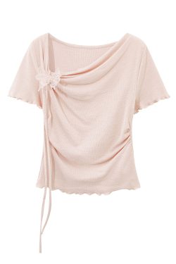 Pink Sweet Women's Off-Shoulder Short Sleeve T-Shirt with Irregular Ruffle Edge and Butterfly Decor, 2025 Summer Fashion Trend