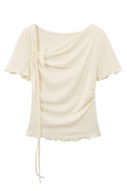 Pink Sweet Women's Off-Shoulder Short Sleeve T-Shirt with Irregular Ruffle Edge and Butterfly Decor, 2025 Summer Fashion Trend