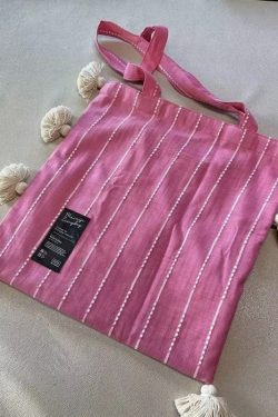 Pink Tassel Shoulder Bag for Women - Artistic Striped Design, Large Capacity Thai Niche Style Underarm Bag