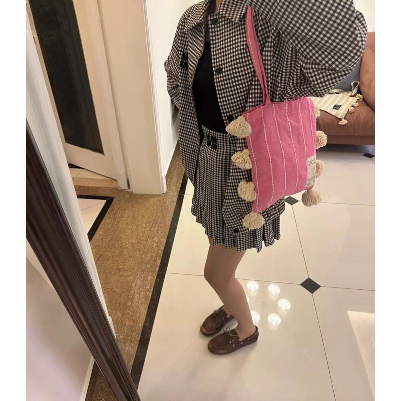 Pink Tassel Shoulder Bag for Women - Artistic Striped Design, Large Capacity Thai Niche Style Underarm Bag Pink Tassel Shoulder Bag for Women - Artistic Striped Design, Large Capacity Thai Niche Style Underarm Bag