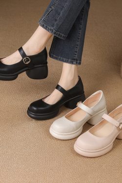 Pink Thick-Soled Chunky Heel High Heels for Girls - Genuine Leather Mary Jane Shoes for Spring/Summer 2025, 90s Inspired Fashion