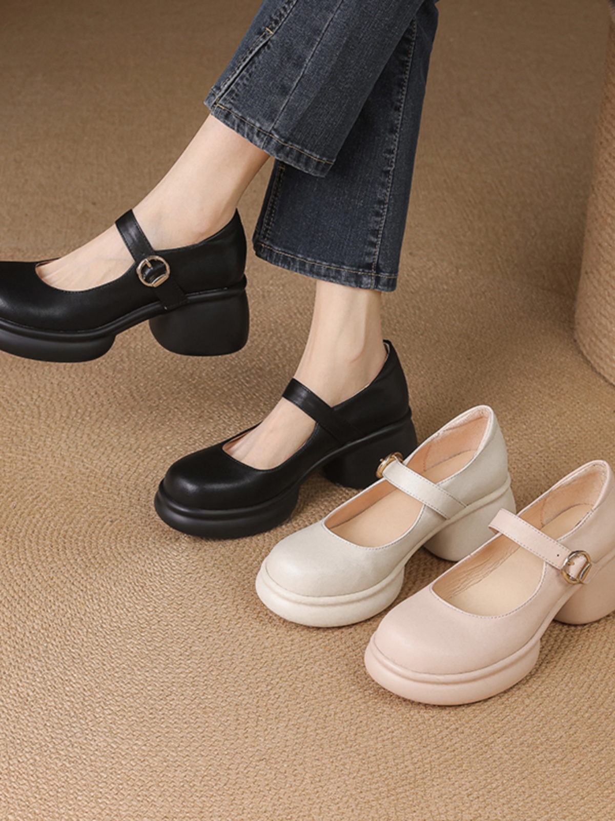 Pink Thick-Soled Chunky Heel High Heels for Girls - Genuine Leather Mary Jane Shoes for Spring/Summer 2025, 90s Inspired Fashion Pink Thick-Soled Chunky Heel High Heels for Girls - Genuine Leather Mary Jane Shoes for Spring/Summer 2025, 90s Inspired Fashion