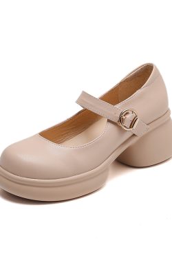 Pink Thick-Soled Chunky Heel High Heels for Girls - Genuine Leather Mary Jane Shoes for Spring/Summer 2025, 90s Inspired Fashion