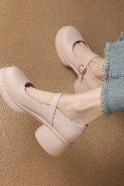 Pink Thick-Soled Chunky Heel High Heels for Girls - Genuine Leather Mary Jane Shoes for Spring/Summer 2025, 90s Inspired Fashion