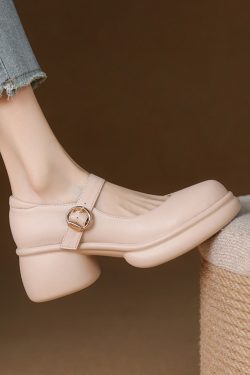 Pink Thick-Soled Chunky Heel High Heels for Girls - Genuine Leather Mary Jane Shoes for Spring/Summer 2025, 90s Inspired Fashion