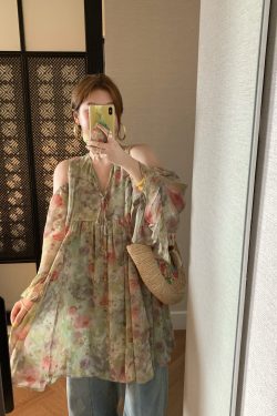 Pink Wave Off-Shoulder Chiffon Tie V-Neck Dress - Women's Vintage Spring A-Line Mid-Length Skirt, 90s Inspired Fashion