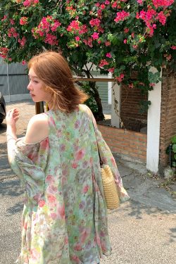 Pink Wave Off-Shoulder Chiffon Tie V-Neck Dress - Women's Vintage Spring A-Line Mid-Length Skirt, 90s Inspired Fashion