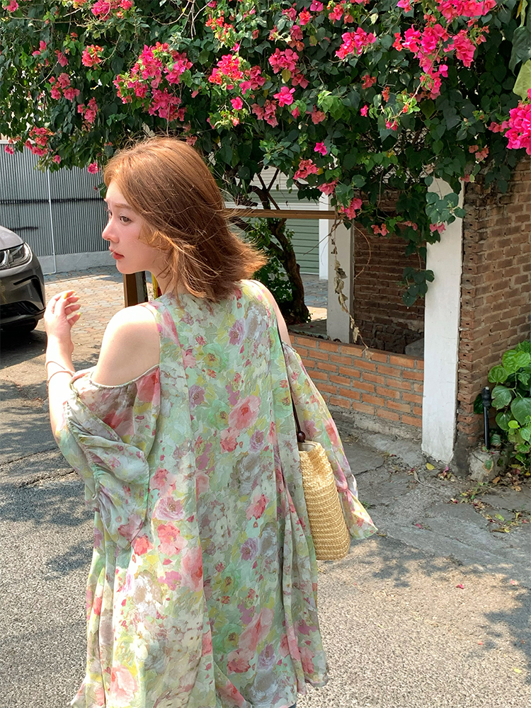 Pink Wave Off-Shoulder Chiffon Tie V-Neck Dress - Women's Vintage Spring A-Line Mid-Length Skirt, 90s Inspired Fashion Pink Wave Off-Shoulder Chiffon Tie V-Neck Dress - Women's Vintage Spring A-Line Mid-Length Skirt, 90s Inspired Fashion