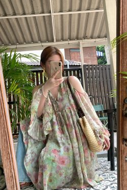 Pink Wave Off-Shoulder Chiffon Tie V-Neck Dress - Women's Vintage Spring A-Line Mid-Length Skirt, 90s Inspired Fashion