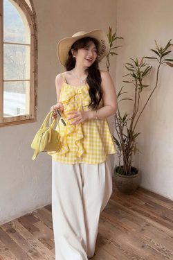 Plaid Bow Tie Sleeveless Top for Plus Size Women - Flattering Summer Blouse for Curvy Figures, Sweet Design and Age-Reducing Style