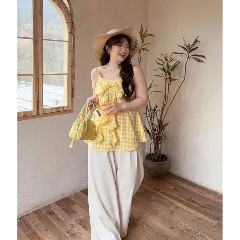 Plaid Bow Tie Sleeveless Top for Plus Size Women - Flattering Summer Blouse for Curvy Figures, Sweet Design and Age-Reducing Style Plaid Bow Tie Sleeveless Top for Plus Size Women - Flattering Summer Blouse for Curvy Figures, Sweet Design and Age-Reducing Style