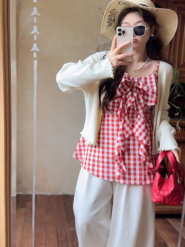 Plaid Bow Tie Sleeveless Top for Plus Size Women - Flattering Summer Blouse for Curvy Figures, Sweet Design and Age-Reducing Style Plaid Bow Tie Sleeveless Top for Plus Size Women - Flattering Summer Blouse for Curvy Figures, Sweet Design and Age-Reducing Style