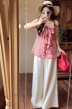 Plaid Bow Tie Sleeveless Top for Plus Size Women - Flattering Summer Blouse for Curvy Figures, Sweet Design and Age-Reducing Style