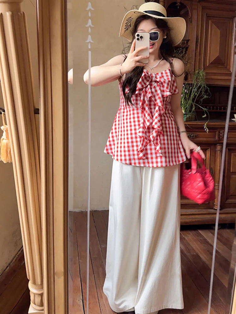 Plaid Bow Tie Sleeveless Top for Plus Size Women - Flattering Summer Blouse for Curvy Figures, Sweet Design and Age-Reducing Style Plaid Bow Tie Sleeveless Top for Plus Size Women - Flattering Summer Blouse for Curvy Figures, Sweet Design and Age-Reducing Style