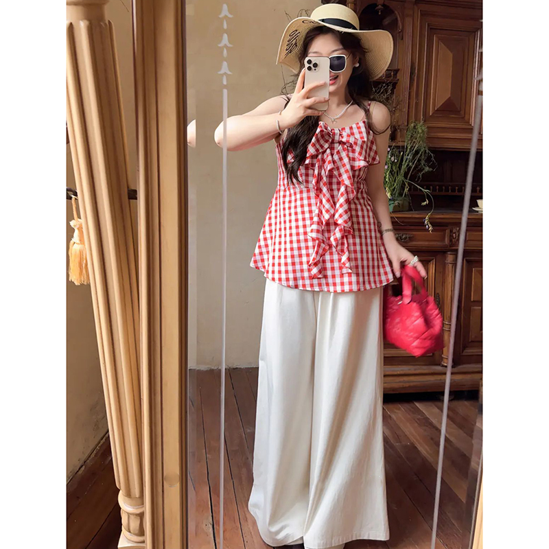 Plaid Bow Tie Sleeveless Top for Plus Size Women - Flattering Summer Blouse for Curvy Figures, Sweet Design and Age-Reducing Style Plaid Bow Tie Sleeveless Top for Plus Size Women - Flattering Summer Blouse for Curvy Figures, Sweet Design and Age-Reducing Style