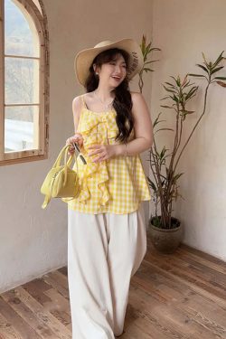 Plaid Bow Tie Sleeveless Top for Plus Size Women - Flattering Summer Blouse for Curvy Figures, Sweet Design and Age-Reducing Style