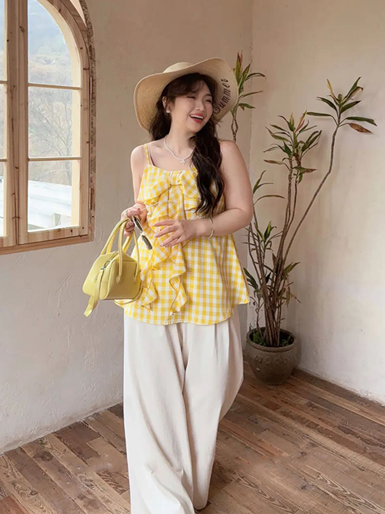 Plaid Bow Tie Sleeveless Top for Plus Size Women - Flattering Summer Blouse for Curvy Figures, Sweet Design and Age-Reducing Style Plaid Bow Tie Sleeveless Top for Plus Size Women - Flattering Summer Blouse for Curvy Figures, Sweet Design and Age-Reducing Style