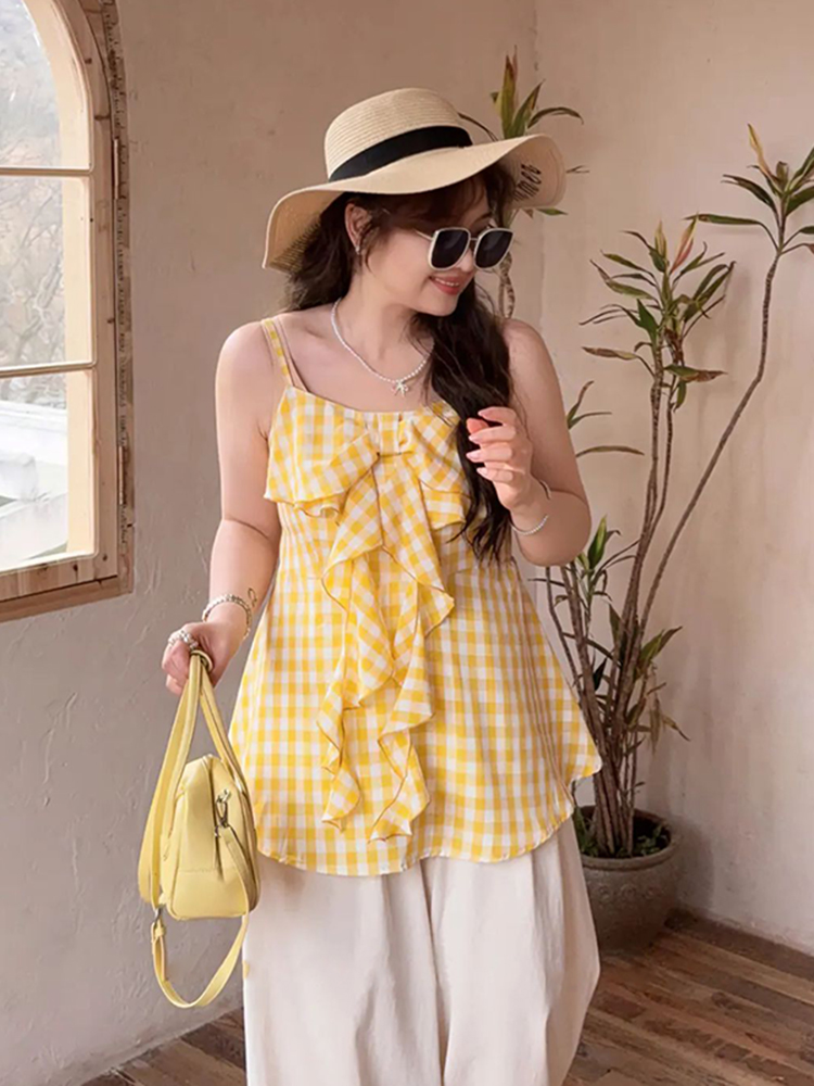 Plaid Bow Tie Sleeveless Top for Plus Size Women - Flattering Summer Blouse for Curvy Figures, Sweet Design and Age-Reducing Style Plaid Bow Tie Sleeveless Top for Plus Size Women - Flattering Summer Blouse for Curvy Figures, Sweet Design and Age-Reducing Style