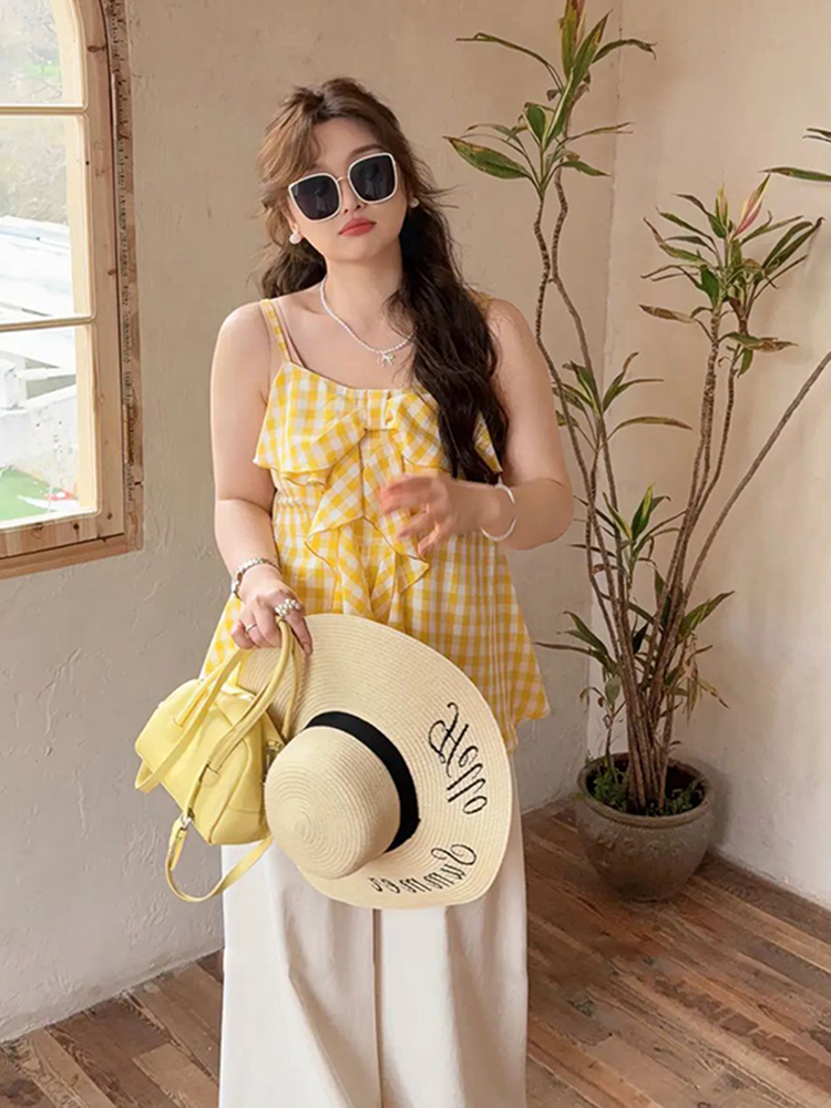 Plaid Bow Tie Sleeveless Top for Plus Size Women - Flattering Summer Blouse for Curvy Figures, Sweet Design and Age-Reducing Style Plaid Bow Tie Sleeveless Top for Plus Size Women - Flattering Summer Blouse for Curvy Figures, Sweet Design and Age-Reducing Style