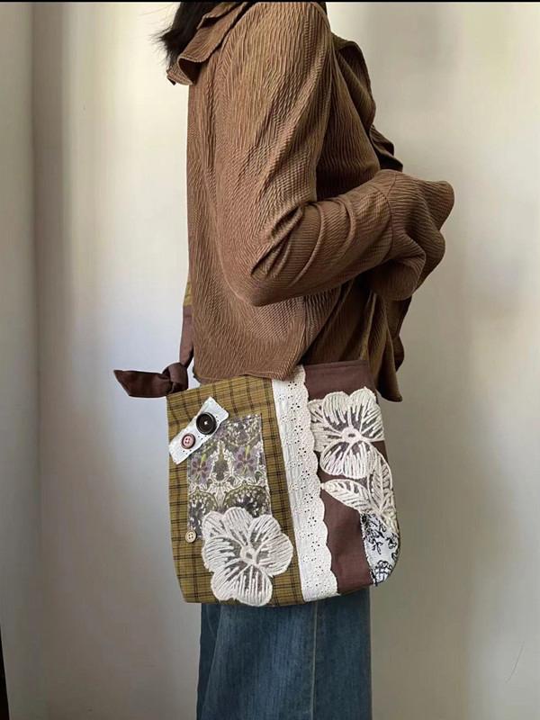 Plaid Bucket Bag with Lace Splicing - Versatile Shoulder & Crossbody Bag for Autumn and Winter Style Plaid Bucket Bag with Lace Splicing - Versatile Shoulder & Crossbody Bag for Autumn and Winter Style