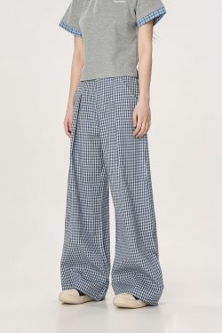 Plaid Casual Pants for Women - Summer Thin Straight Leg Loose BF Wide Leg Style - Trendy American Vibe