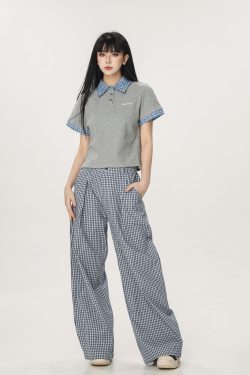 Plaid Casual Pants for Women - Summer Thin Straight Leg Loose BF Wide Leg Style - Trendy American Vibe