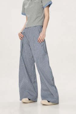 Plaid Casual Pants for Women - Summer Thin Straight Leg Loose BF Wide Leg Style - Trendy American Vibe
