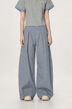 Plaid Casual Pants for Women - Summer Thin Straight Leg Loose BF Wide Leg Style - Trendy American Vibe