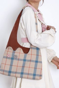 Plaid Color-Blocking Cat Shoulder Bag for Women, Unique Patchwork Design, Large Capacity Crossbody Bag, Cute Fashion Accessory
