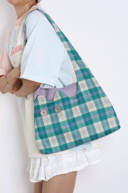 Plaid Color-Blocking Cat Shoulder Bag for Women, Unique Patchwork Design, Large Capacity Crossbody Bag, Cute Fashion Accessory