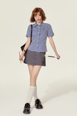 Plaid Embroidered Short Sleeve Shirt for Women - American College Style Waist-Cinching Slim Fit Summer Top