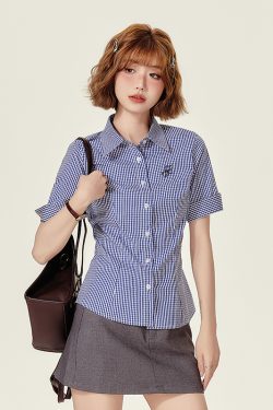 Plaid Embroidered Short Sleeve Shirt for Women - American College Style Waist-Cinching Slim Fit Summer Top